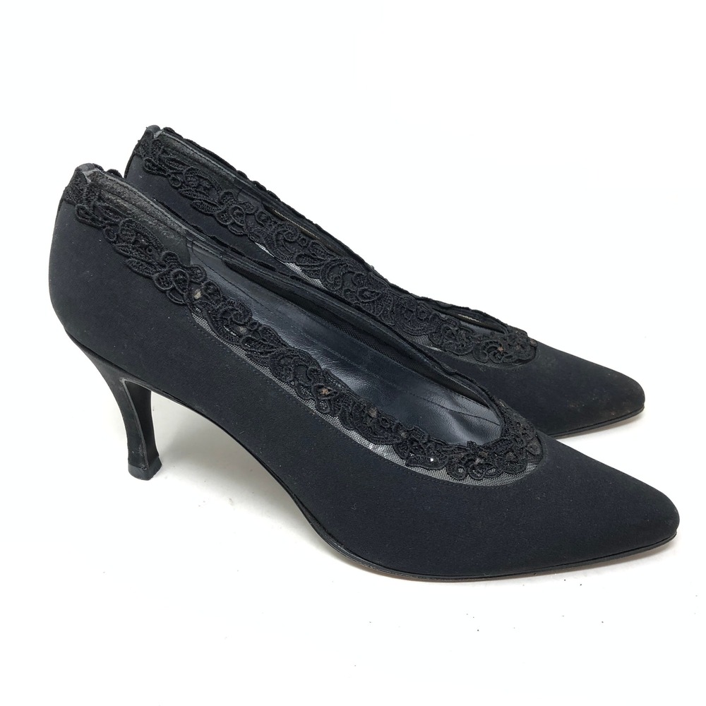 Vintage Stuart Weitzman Womens 9.5 Narrow Fabric Pumps Black Lace Trim Heel